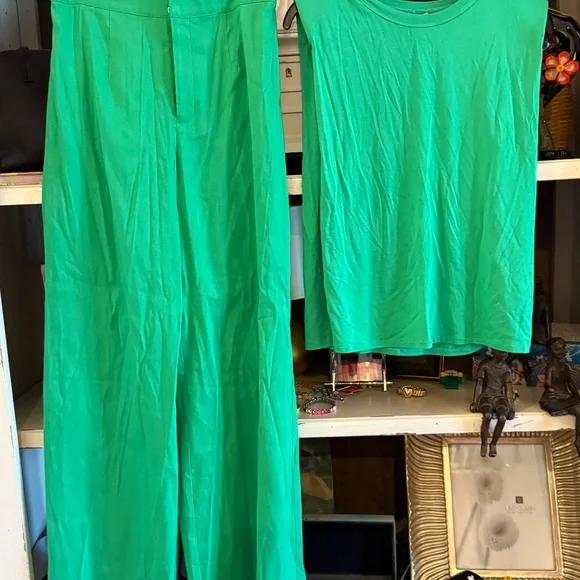 Gianni Bini 4 linen Lucie pants Xs Kelia muscle shoulder top green - Picture 5 of 8